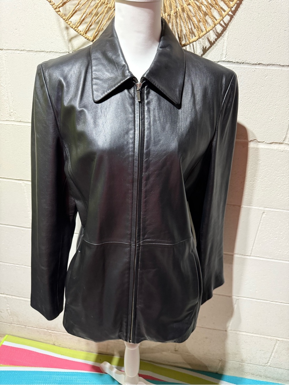 Classic Women's Black Leather Zip Front Jacket